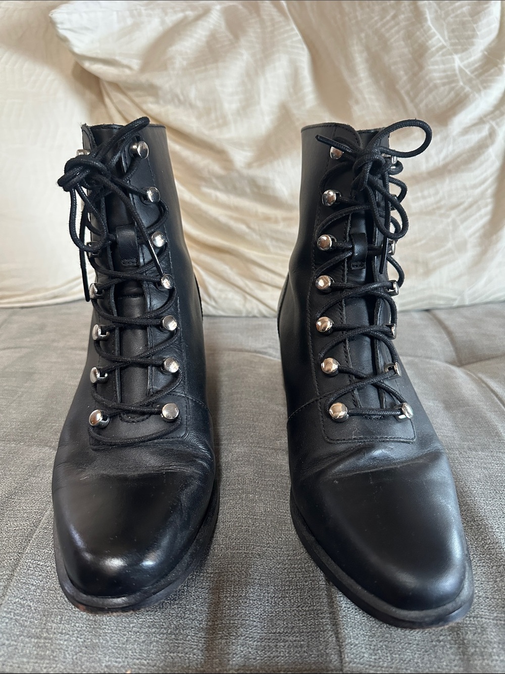 Free People Black Lace-Up Pointed Ankle Boots with Silver Hooks